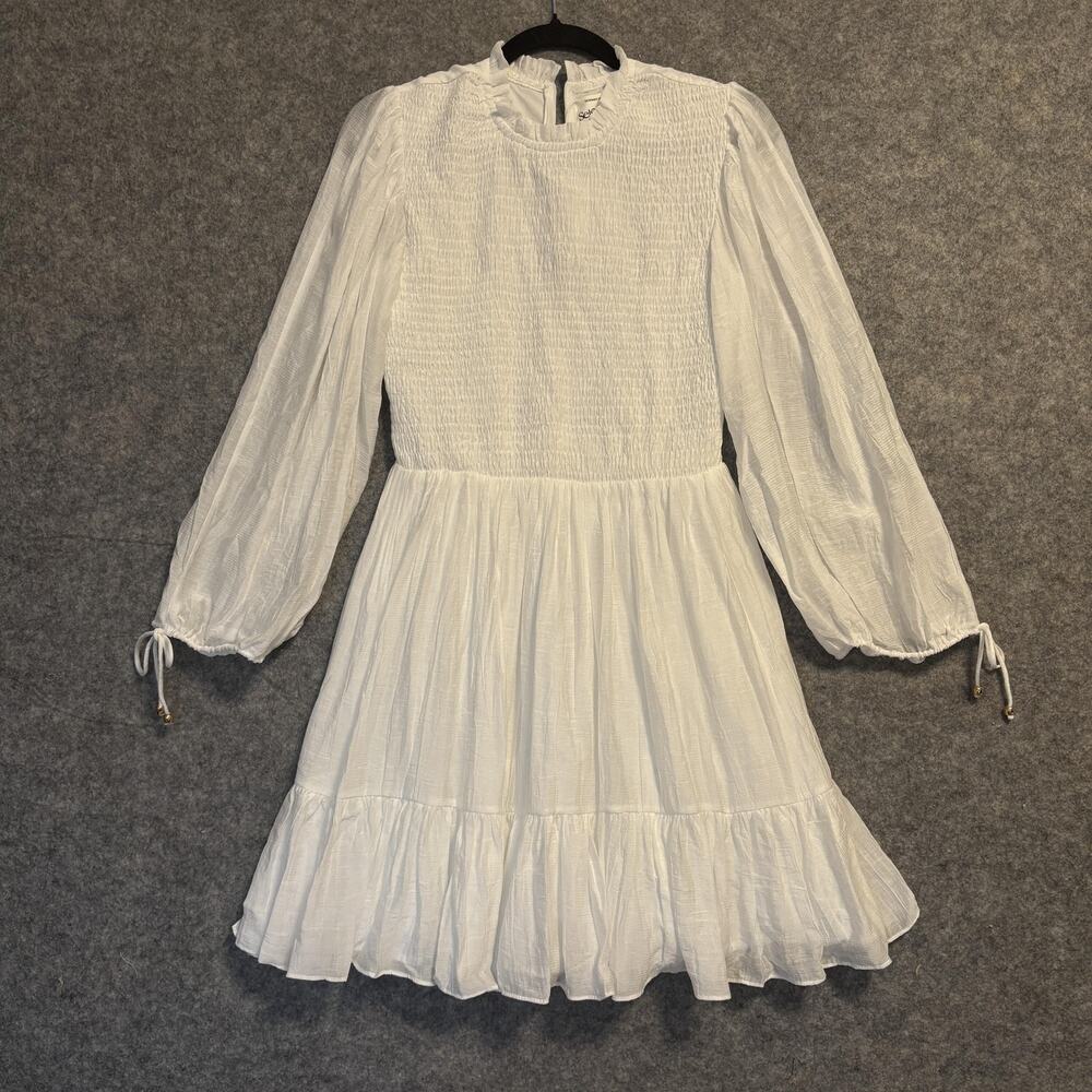 Selfie Leslie Dress Womens Size Medium White Long Sleeve Smocked Ruffle Mini